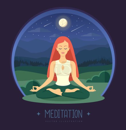 Illustration for Young woman meditation in lotus position on beautiful nature landscape. Vector illustration - Royalty Free Image