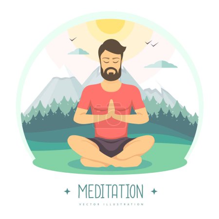 Illustration for Young man meditation in lotus position on beautiful mountain landscape. Vector illustration - Royalty Free Image