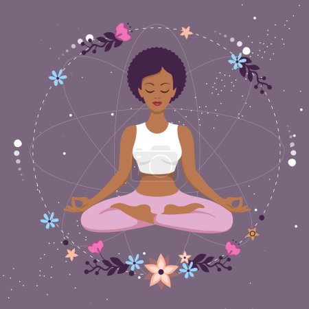 Ilustración de Meditación femenina en posición de loto con elementos florales en el espacio exterior. Ilustración vectorial - Imagen libre de derechos