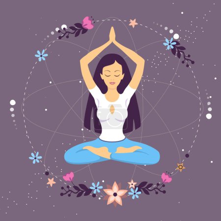 Illustration for Woman meditation in lotus position with floral elements in outer space. Vector illustration - Royalty Free Image
