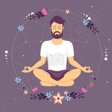 Illustration for Handsome man meditation in lotus position with floral elements in outer space. Vector illustration - Royalty Free Image