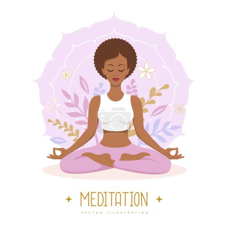 Méditation féminine en position lotus avec éléments floraux et mandala. Illustration vectorielle