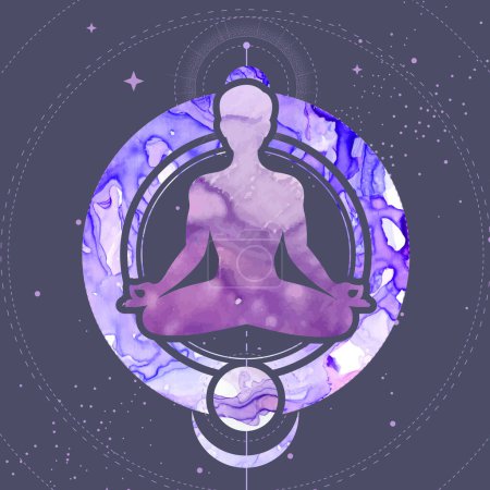 Ilustración de Silueta de hombre meditando en el fondo del espacio exterior. Ilustración del vector de tinta de alcohol - Imagen libre de derechos
