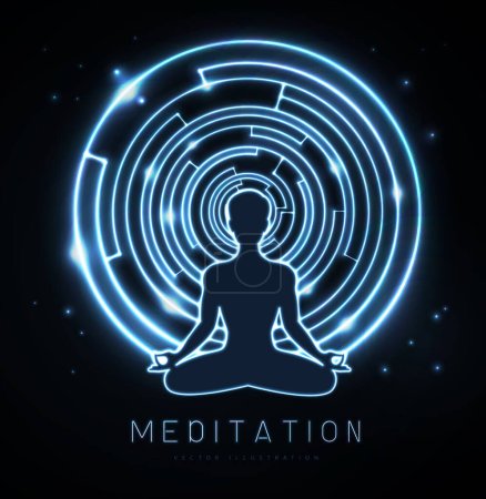 Illustration for Blue neon meditating man silhouette with maze on outer space background. Vector illustration - Royalty Free Image