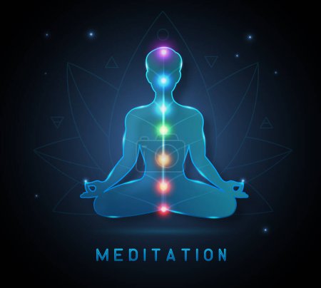 Ilustración de Silueta de hombre meditante de neón azul con chakras abiertos en el fondo del espacio exterior. Ilustración vectorial - Imagen libre de derechos