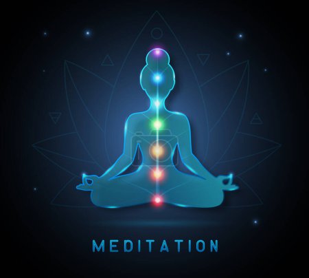 Illustration for Blue neon meditating woman silhouette with open chakras on outer space background. Vector illustration - Royalty Free Image