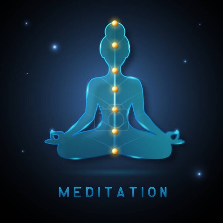 Ilustración de Silueta de mujer meditante de neón azul con chakras abiertos en el fondo del espacio exterior. Ilustración vectorial - Imagen libre de derechos