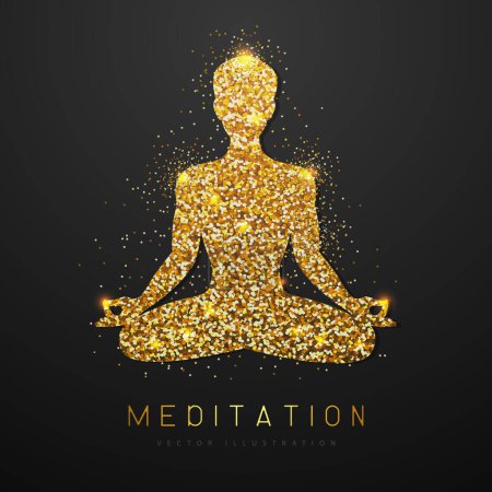 Illustration for Golden sparkle meditating man silhouette on black background. Vector illustration - Royalty Free Image