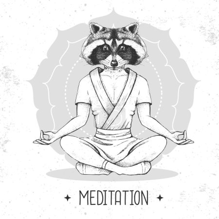 Illustration for Hand drawing hipster animal raccoon meditating in lotus position on mandala background. Vector illustration - Royalty Free Image