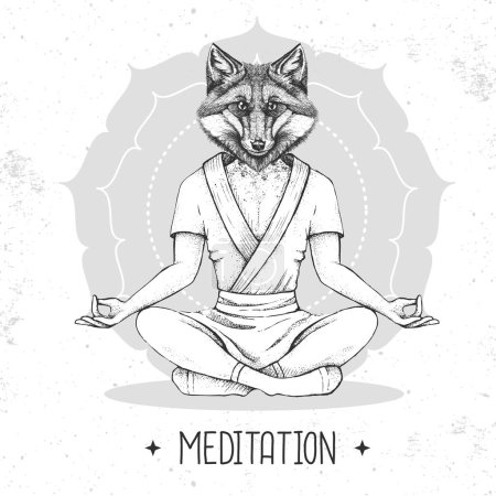Ilustración de Dibujo a mano hipster animal zorro meditando en posición de loto sobre fondo de mandala. Ilustración vectorial - Imagen libre de derechos
