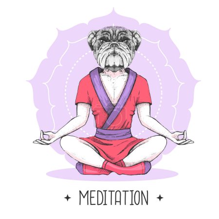 Illustration for Hand drawing hipster animal bulldog meditating in lotus position on mandala background. Vector illustration - Royalty Free Image