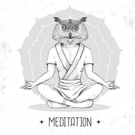 Ilustración de Dibujo a mano hipster búho pájaro meditando en posición de loto sobre fondo de mandala. Ilustración vectorial - Imagen libre de derechos