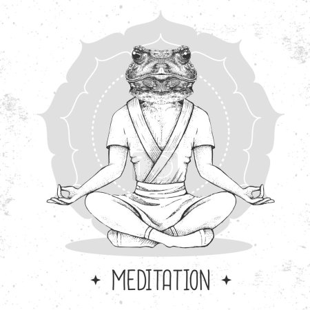 Ilustración de Dibujo a mano de rana animal hipster meditando en posición de loto sobre fondo mandala. Ilustración vectorial - Imagen libre de derechos