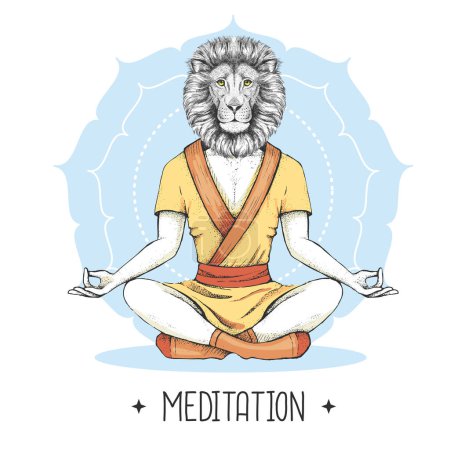 Ilustración de Dibujo a mano de león animal hipster meditando en posición de loto sobre fondo de mandala. Ilustración vectorial - Imagen libre de derechos