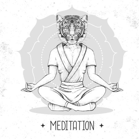 Illustration for Hand drawing hipster animal tiger meditating in lotus position on mandala background. Vector illustration - Royalty Free Image