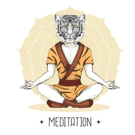 Illustration for Hand drawing hipster animal tiger meditating in lotus position on mandala background. Vector illustration - Royalty Free Image