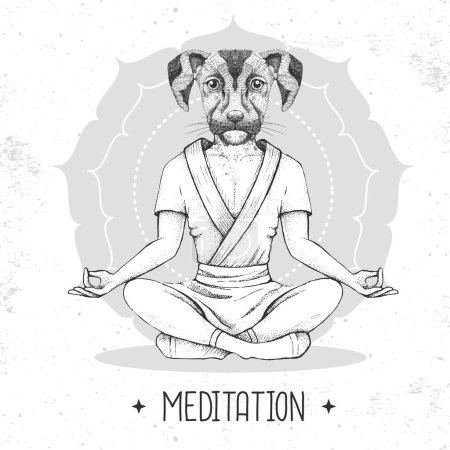 Illustration for Hand drawing hipster animal dog meditating in lotus position on mandala background. Vector illustration - Royalty Free Image