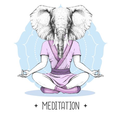 Ilustración de Dibujo a mano de elefante animal hipster meditando en posición de loto sobre fondo de mandala. Ilustración vectorial - Imagen libre de derechos