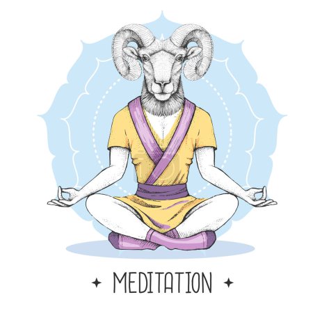 Illustration for Hand drawing hipster animal ram or mouflon meditating in lotus position on mandala background. Vector illustration - Royalty Free Image