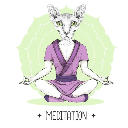 Illustration for Hand drawing hipster animal Egyptian cat meditating in lotus position on mandala background. Vector illustration - Royalty Free Image