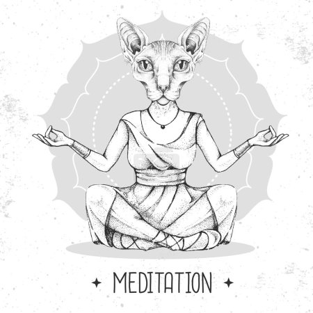 Illustration for Hand drawing hipster animal Egyptian cat meditating in lotus position on mandala background. Vector illustration - Royalty Free Image