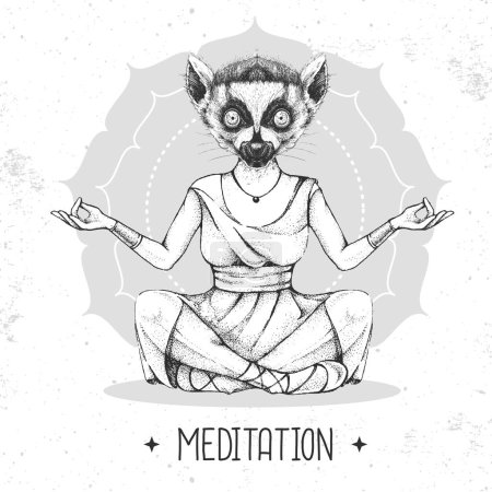 Ilustración de Dibujo a mano de lémur animal hipster meditando en posición de loto sobre fondo de mandala. Ilustración vectorial - Imagen libre de derechos