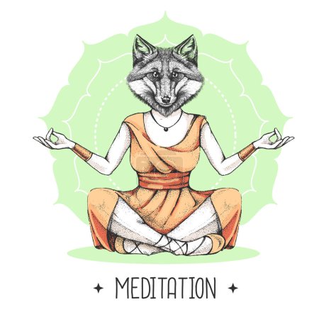 Téléchargez les illustrations : Dessin à la main renard animal hipster méditant en position lotus sur fond mandala. Illustration vectorielle - en licence libre de droit