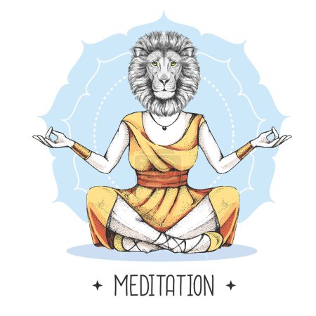 Handzeichnung Hipster Tier Löwe meditiert in Lotusposition auf Mandala-Hintergrund. Vektorillustration
