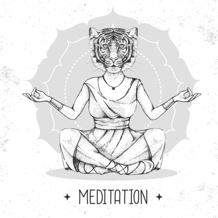 Hand drawing hipster animal tiger meditating in lotus position on mandala background. Vector illustration