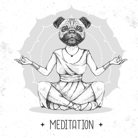 Ilustración de Dibujo a mano hipster animal perro meditando en posición de loto sobre fondo de mandala. Ilustración vectorial - Imagen libre de derechos