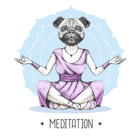 Téléchargez les illustrations : Dessin à la main chien animal hipster méditant en position lotus sur fond de mandala. Illustration vectorielle - en licence libre de droit