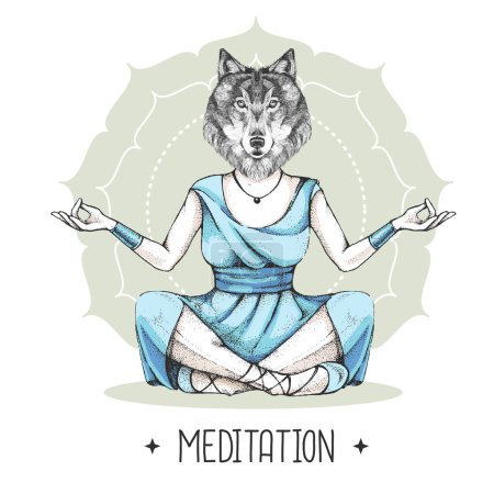 Ilustración de Dibujo a mano de lobo animal hipster meditando en posición de loto sobre fondo mandala. Ilustración vectorial - Imagen libre de derechos