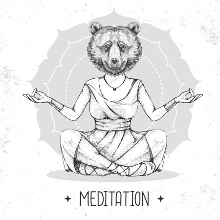 Illustration for Hand drawing hipster animal bear meditating in lotus position on mandala background. Vector illustration - Royalty Free Image