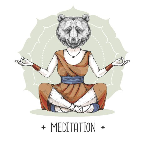 Handzeichnender Hipster-Tierbär meditiert in Lotusposition auf Mandala-Hintergrund. Vektorillustration