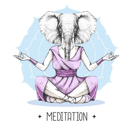 Téléchargez les illustrations : Dessin à la main éléphant animal hipster méditant en position lotus sur fond de mandala. Illustration vectorielle - en licence libre de droit