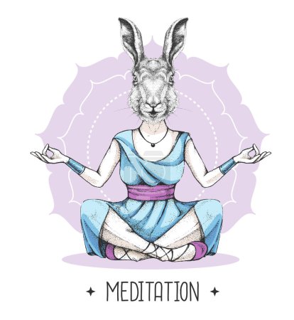 Ilustración de Dibujo a mano de conejo animal hipster meditando en posición de loto sobre fondo de mandala. Ilustración vectorial - Imagen libre de derechos