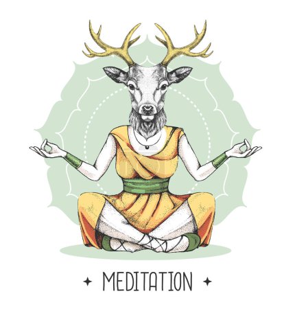 Illustration for Hand drawing hipster animal deer meditating in lotus position on mandala background. Vector illustration - Royalty Free Image