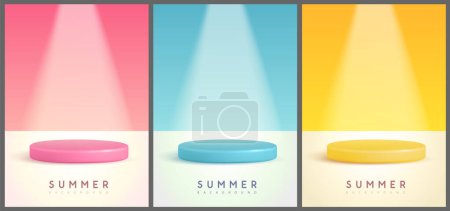 Conjunto de coloridos fondos de verano con escenario y foco de luz. Co