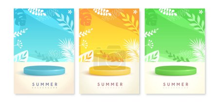 Illustration for Set of colorful summer backgrounds with stage and tropic leaves. Colorful minimal scene. Vector illustration - Royalty Free Image
