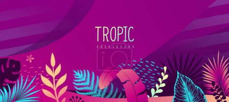 Illustration for Colorful gradient summer background with fluorescent tropic leaves. Summertime template. Vector illustration - Royalty Free Image