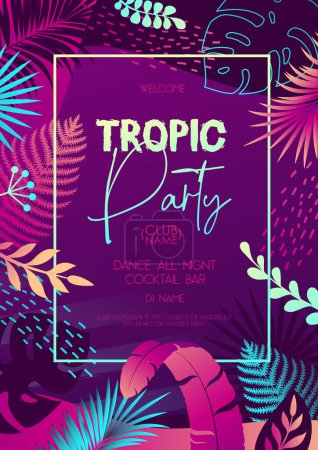 Illustration for Colorful summer disco party poster with fluorescent tropic leaves. Summertime background. Vector illustration - Royalty Free Image