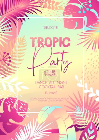 Illustration for Colorful summer disco party poster with fluorescent tropic leaves. Summertime background. Vector illustration - Royalty Free Image