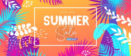 Illustration for Colorful summer big sale tropical gradient poster with fluorescent tropic leaves. Summertime background. Vector illustration - Royalty Free Image