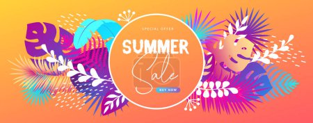 Illustration for Colorful summer big sale tropical gradient poster with fluorescent tropic leaves. Summertime background. Vector illustration - Royalty Free Image