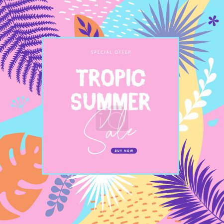 Illustration for Colorful summer big sale tropical poster with tropic leaves. Summertime background. Vector illustration - Royalty Free Image