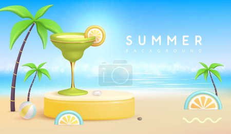 Ilustración de Fondo de playa de verano con escenario 3d y cóctel magrarita. Escena de verano colorida. Ilustración vectorial - Imagen libre de derechos