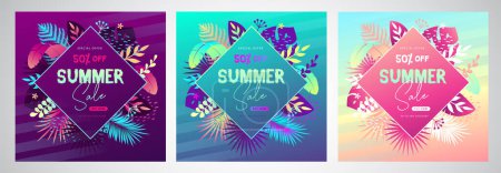 Illustration for Set of colorful summer big sale tropical gradient banners with fluorescent tropic leaves. Summertime template collection. Vector illustration - Royalty Free Image