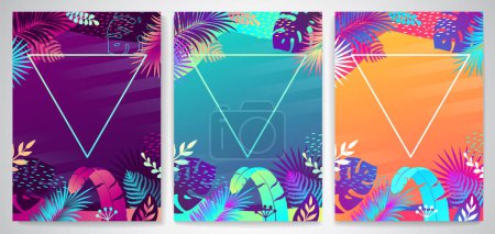 Illustration for Set of colorful gradient summer banners with fluorescent tropic leaves. Summertime template collection. Vector illustration - Royalty Free Image