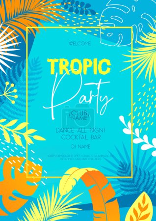 Illustration for Colorful summer disco party poster with tropic leaves. Summertime background. Vector illustration - Royalty Free Image