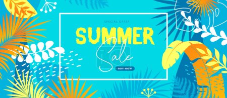 Illustration for Colorful summer big sale tropical  banner with tropic leaves. Summertime background. Vector illustration - Royalty Free Image